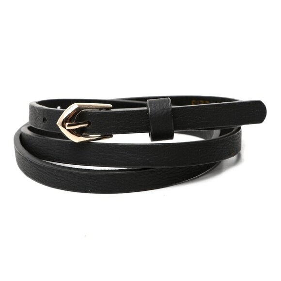 Faux Leather Skinny Belt Black Vegan Gold Hardware Classic Y2K - Picture 1 of 8